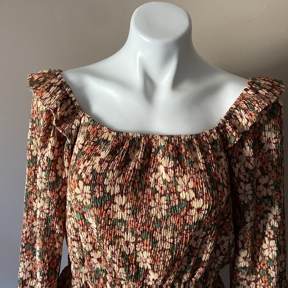 Hayden Los Angeles Brown & Yellow Floral Crepe Peasant Peplum Blouse Size Medium - Picture 2 of 7